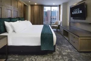 KOHLER LODGE Skyline Suite with window outlooking the stadium.